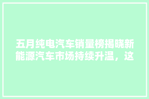 五月纯电汽车销量榜揭晓新能源汽车市场持续升温，这些车型脱颖而出