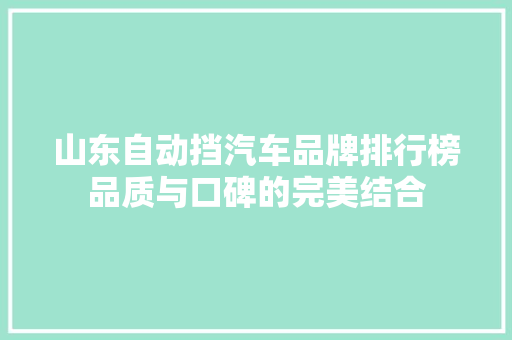 山东自动挡汽车品牌排行榜品质与口碑的完美结合